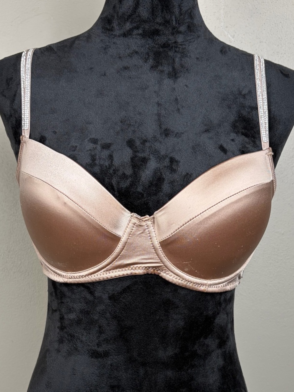 Nicole Miller New York Beige Satin Demi Bra 36C Rhinestone Sparkle Straps Tan NM - Picture 2 of 16